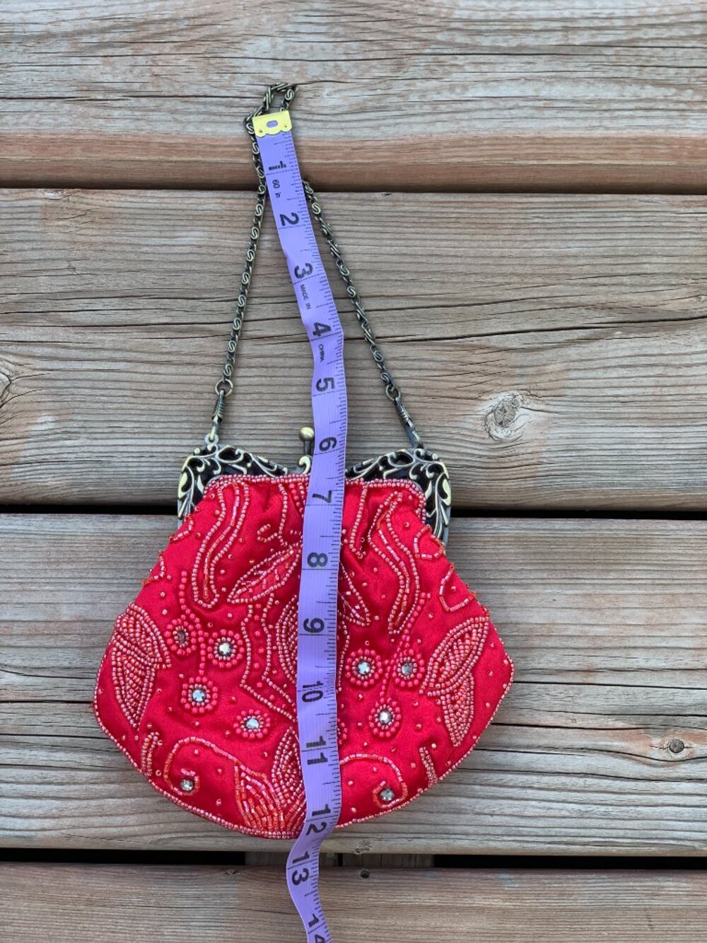Vintage Y2K Beaded Red Evening Bag Handbag Purse Gold Chain Prom Wedding Gala - Picture 9 of 12